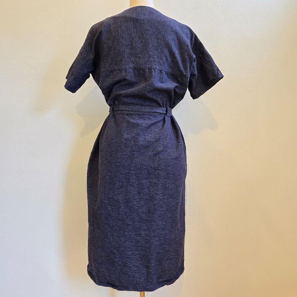 People Tree Dark Indigo Organic Cotton Belted Midi Dress US 6 Boho Sustainable - Picture 7 of 16